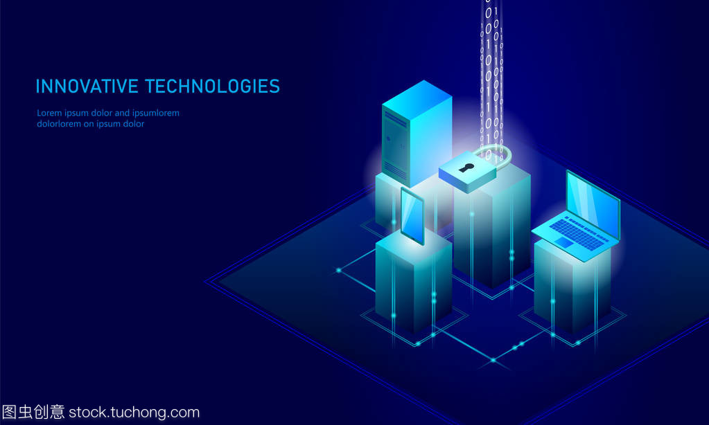 等距互聯(lián)網(wǎng)安全鎖業(yè)務(wù)理念。藍(lán)色發(fā)光等距個人信息數(shù)據(jù)連接 pc 智能手機(jī)未來技術(shù)。3d 圖表矢量圖