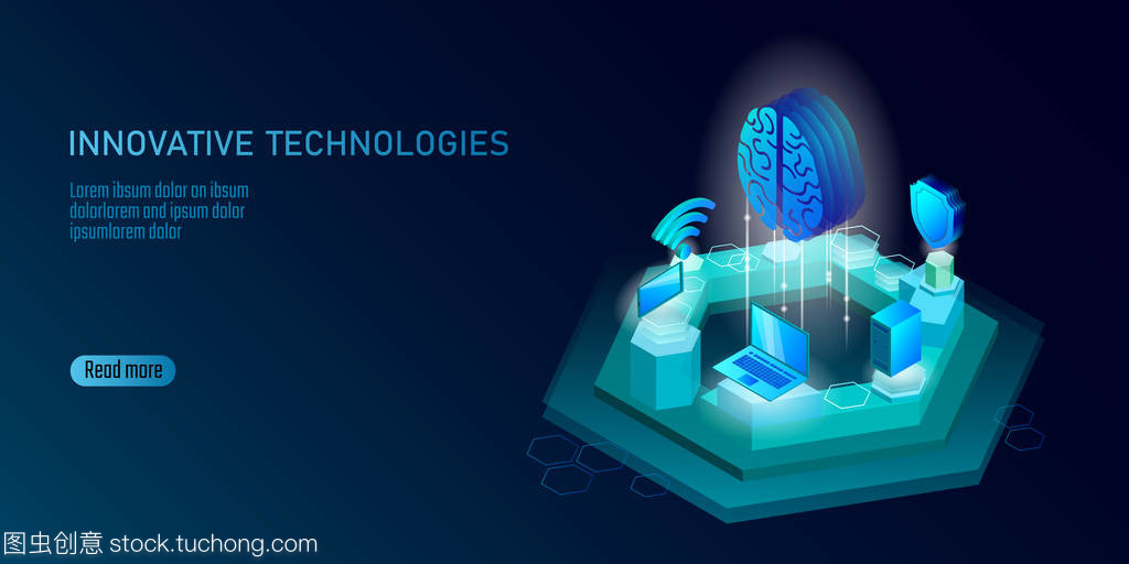 等距人工智能業務概念。藍色發光等距個人信息數據連接 pc 智能手機人腦未來技術。3d 圖表矢量圖
